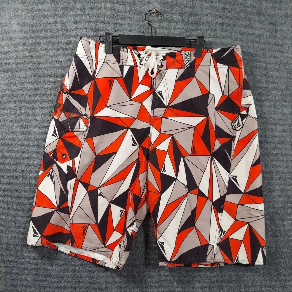 Vintage Volcom Board Shorts Mens 34 Orange‎ Geometric Print Surf Swim